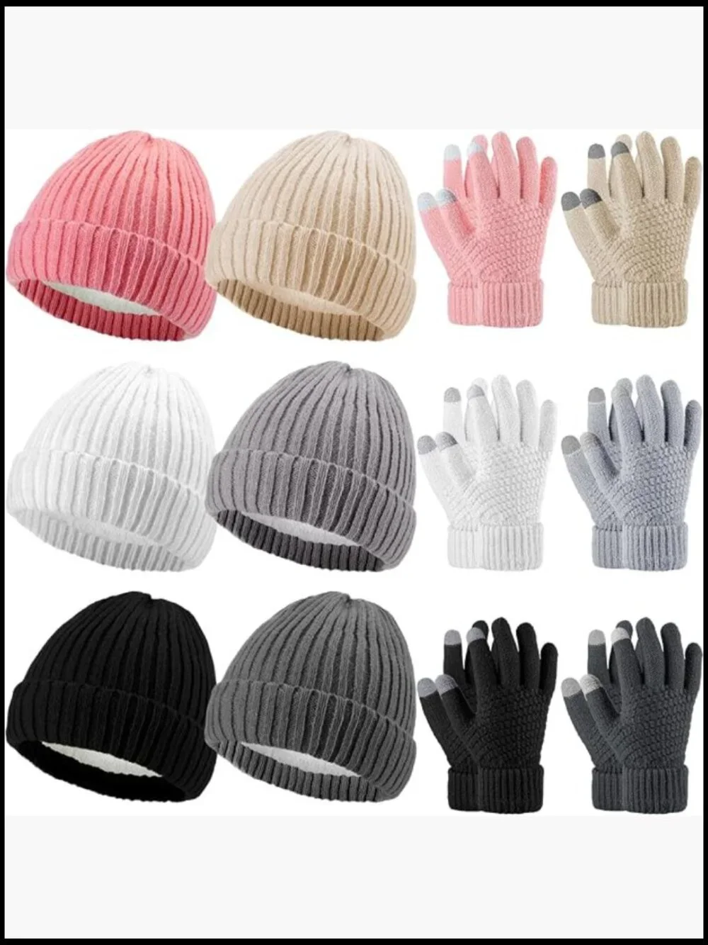 Fleece Lined Beanie Hat & Touchscreen Gloves Set - 12 Pcs